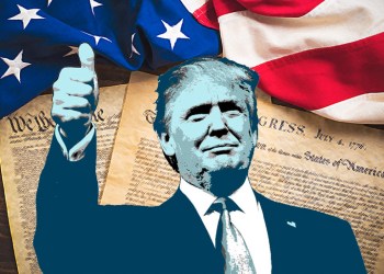 President Donald Trump face on Constitution and American flag