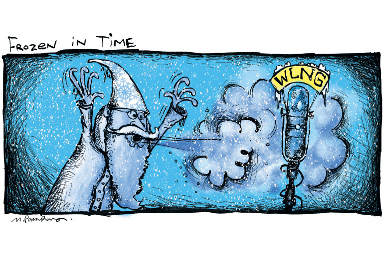 WLNG radio "frozen in time" cartoon by Mickey Paraskevas