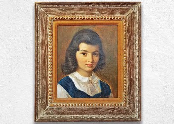 Framed painted portrait of young Jackie Bouvier, future First Lady Jackie Kennedy hanging on white wall