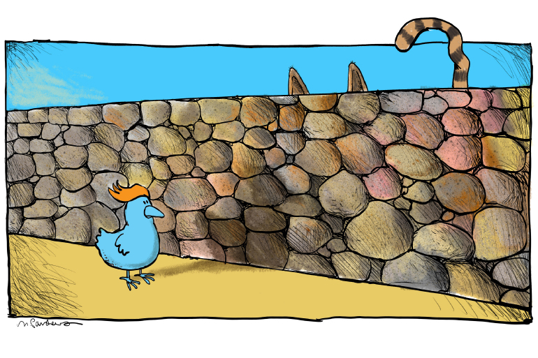 Twitter Trump wall cartoon by Mickey Paraskevas