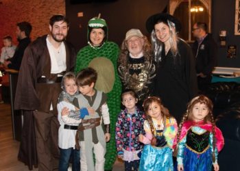 Rabbi Joshua Franklin, Margaret Barcohana, Stephen Blum, Sarah Mesler and kids in costume