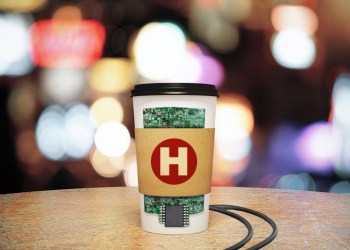 Hamptons Subway coffee in paper cup with wires and microchips