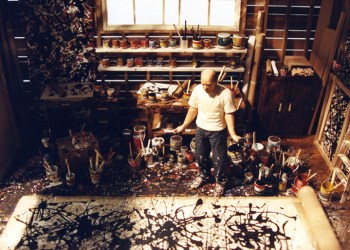 Joe Fig sculpture of Jackson Pollock painting in his Springs studio