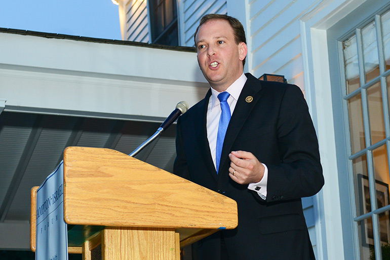 Lee Zeldin at podium in Southampton