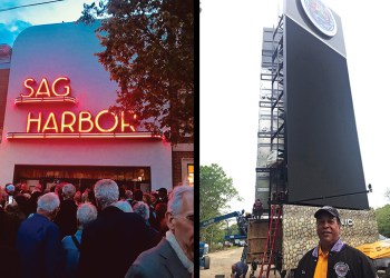 Sag Harbor Cinema and the Shinnecock billboards lit up over Memorial Day weekend