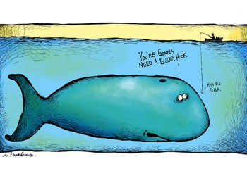 Whale fish hook ban cartoon by Mickey Paraskevas