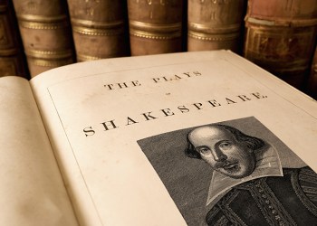 The title page from an antique book of the plays of Shakespeare