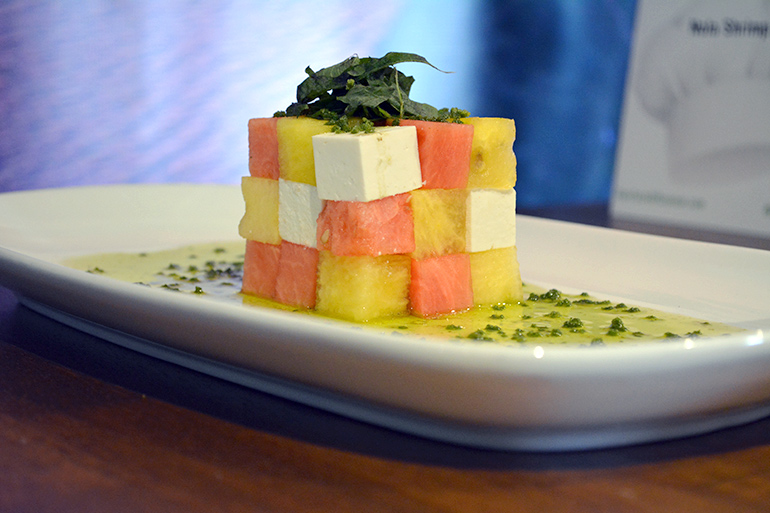 Trendy cubed food with watermelon, pineapple and cheese