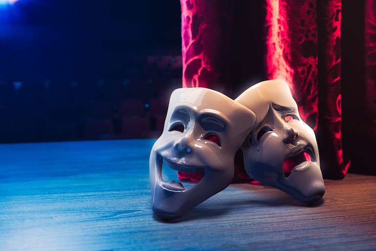 Theater masks, drama and comedy with a red curtain as backdrop / 3D Rendering, Mixed media.