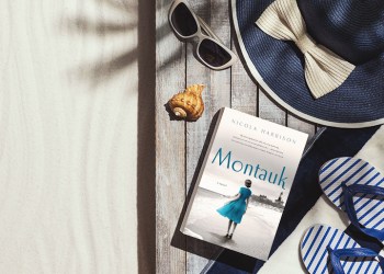 Fashion beach accessories and book on a wooden deck, summer vacations and relax concept Montauk book by Nicola Harrison