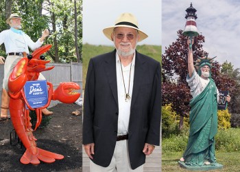 Dan and his statues, one with him riding a lobster, the other with him as the Statue of Liberty