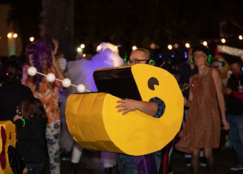 Pac-Man busting a move at the Halloween Silent Disco Dance Party