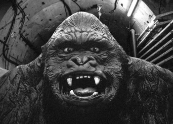 Black and white, grainy King Kong in a Hamptons Subway tunnel