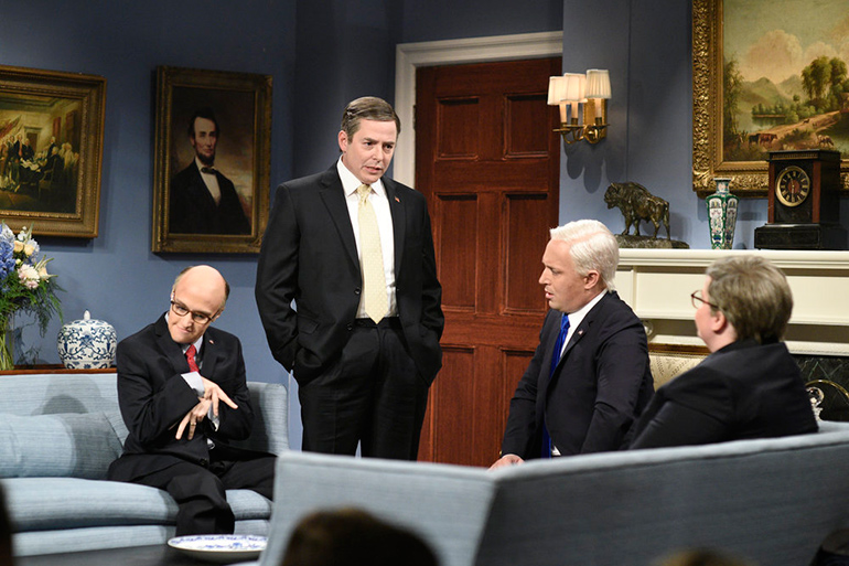 Kate McKinnon as Rudy Giuliani, Matthew Broderick as Mike Pompeo, Beck Bennett as Mike Pence, and Aidy Bryant as Bill Barr during October 5, 2019 Saturday Night Live Cold Open