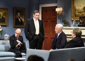 Kate McKinnon as Rudy Giuliani, Matthew Broderick as Mike Pompeo, Beck Bennett as Mike Pence, and Aidy Bryant as Bill Barr during October 5, 2019 Saturday Night Live Cold Open