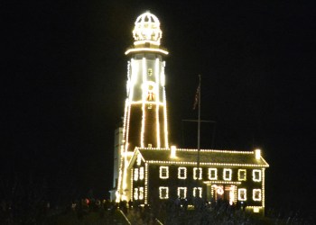 The Montauk Lighthouse lit up for the holidays