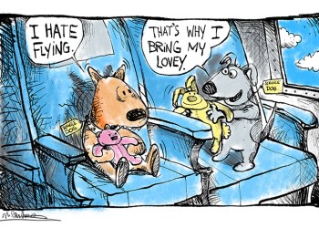 Loveys companion dog on airplanes cartoon by Mickey Paraskevas