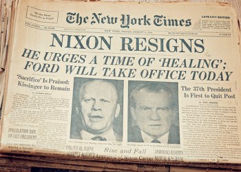 Nixon Resigns headline on The New York Times newspaper