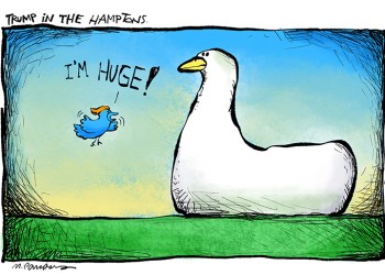 Trump in the Hamptons Big Duck cartoon by Mickey Paraskevas