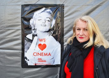 Sag Harbor Cinema Arts Center Executive Director Gillian Gordon in front of the Cinema, currently under construction