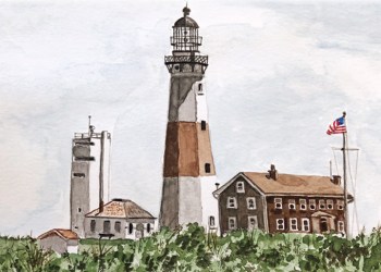 March 20, 2020 Dan's Papers cover art (detail) by Cheryl Huneke, watercolor of Montauk Lighthouse