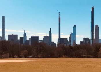 Skyline of tall and skinny buildings under construction near central Park in NYC