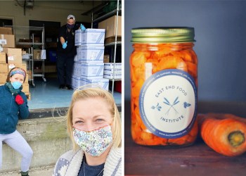 L-R: East End Food Institute members Heather Meehan, Jay Lippin and Kate Fullam getting ready for safe home deliveries, Photo: Courtesy EEFI