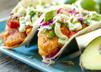 Close up of fresh fish tacos with coleslaw, avocado, salsa and lime creme in a flour tortilla on blue plate