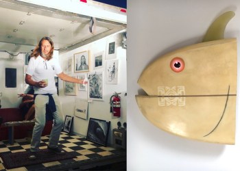 Artist Peter Spacek in his mobile box truck gallery and one of his recent works.