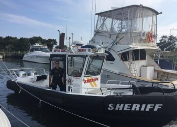 Deputy Sheriff Thomas Lyons, picture here on Marine 1, and Deputy Sheriff Joseph Gallo rescued two small children adrift on a float in Peconic Bay on Monday evening. Independent/Courtesy Suffolk County Sheriff’s Office