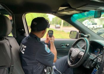 SOUTHAMPTON TOWN POLICE OFFICER MIKE ALGOZZINO CAUGHT A DRIVER DOING 53 IN A 40 MPH ZONE ON FLANDERS ROAD FRIDAY MORNING. INDEPENDENT/TAYLOR K. VECSEY