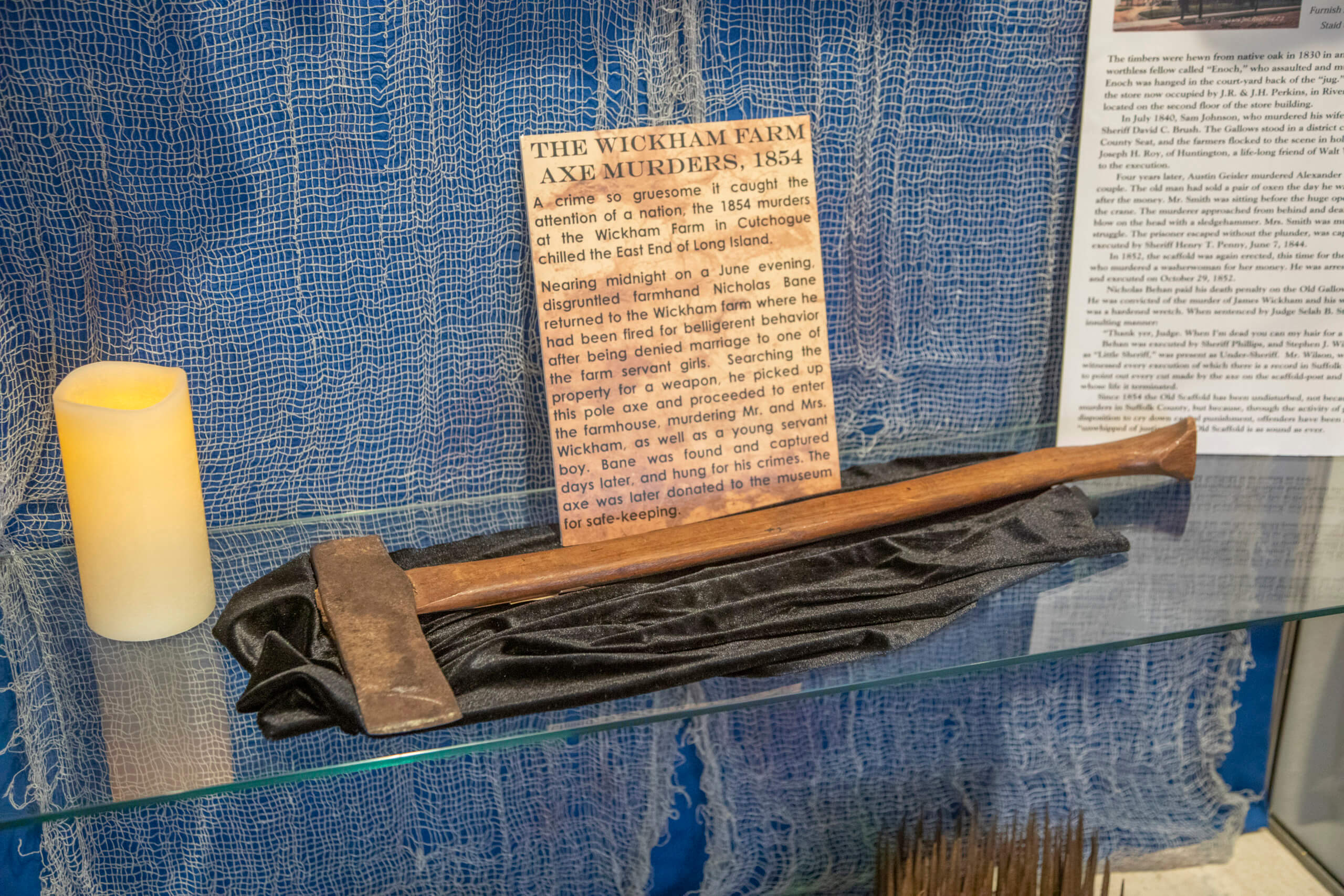 The axe used in the Wickham Murders on display in the Haunted Hallway exhibit