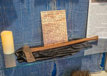 The axe used in the Wickham Murders on display in the Haunted Hallway exhibit