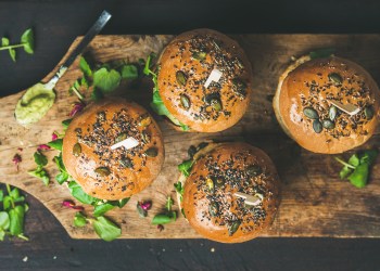 Healthy homemade vegan burger with beetroot-quinoa patty, top view