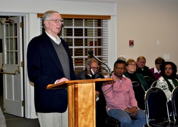 James Reeve, the president of Harold R. Reeve & Sons, speaks to the Southold Town Board February 12 about his business’s request to rezone a parcel at Wickham Avenue and Route 48 in Mattituck