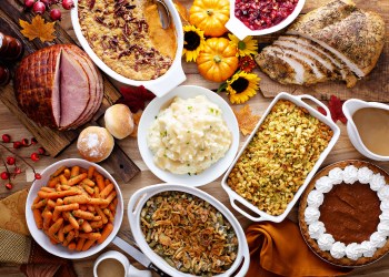 Thanksgiving table with turkey and sides