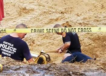 Suffolk County Homicide Squad detectives investigated human remains that were unearthed by construction workers in Shinnecock Hills on Monday, August 13, 2020