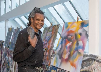 Lonnie Holley in his temporary Elaine de Kooning House art studio