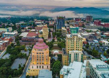 Drone Aerial of Downtown Asheville North Carolina NC Skyline