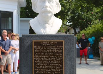 The Albert Einstein bust at Einstein Square in Southold