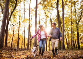 Senior couple with dog on a walk in an autumn forest.