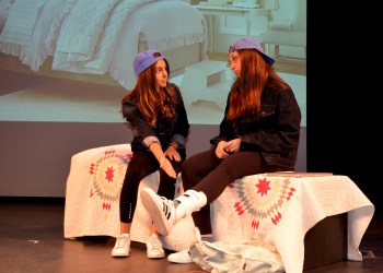 YAWP Ross School actors Maya Teixeira and Everett Rattray in “My Best Friend Anxiety” by Hope Hamilton at the 2018 YAWP Middle School Playwrights Festival.