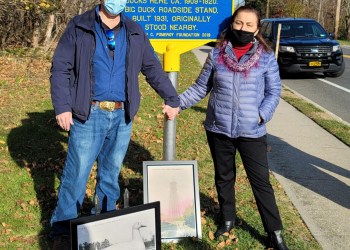 Friends of the Big Duck President Neil Young, and Flanders Village Historical Society Janice Jay Young.