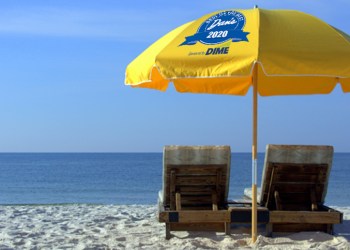 Two Beach Chairs with Yellow Umbrella