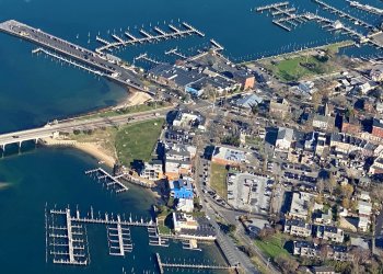 Aerial view of the Sag Harbor waterfront and village