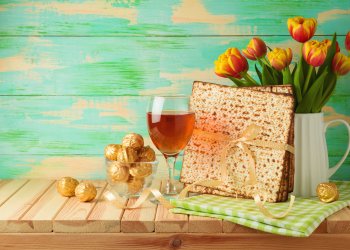 Jewish holiday Passover celebration with matzah, wine glass and tulip flowers on wooden table