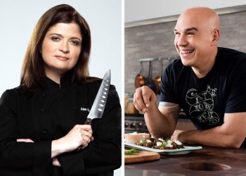 Alex Guarnaschelli and Michael Symon, tentatively scheduled to host Old Stove Pub dinners in July