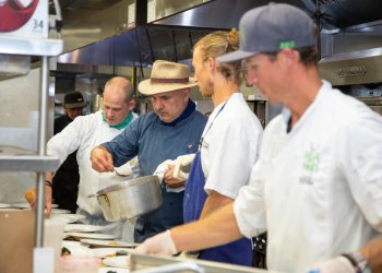 Drew Hiatt, Steve Amaral, Stephan Bogardus and Gordon Cox in the Dan's Chefs of the North Fork kitchen