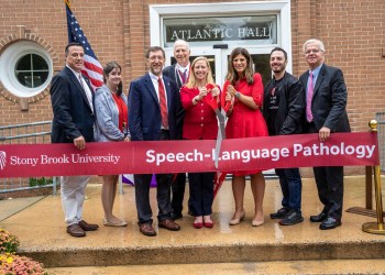 L. to R.: NY State Sen. Anthony Palumbo, SLP Program Chair Renee Fabus, Stony Brook University Provost Paul Goldbart, Stony Brook Southampton Hospital Chief Medical and Operating Officer Dr. Fredric Weinbaum, MD, Stony Brook University President Maurie McInnis, SHTM Dean Stacy Jaffee Gropack, SLP graduate student Stephen D’Amico and state Assemblyman Fred W. Thiele, Jr.