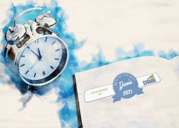 alarm clock on blue table with notepad in watercolors